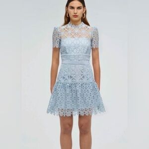 Self-Portrait  Size US 6 • Geo Guipure Light Blue Lace A-line Short Sleeve Dress
